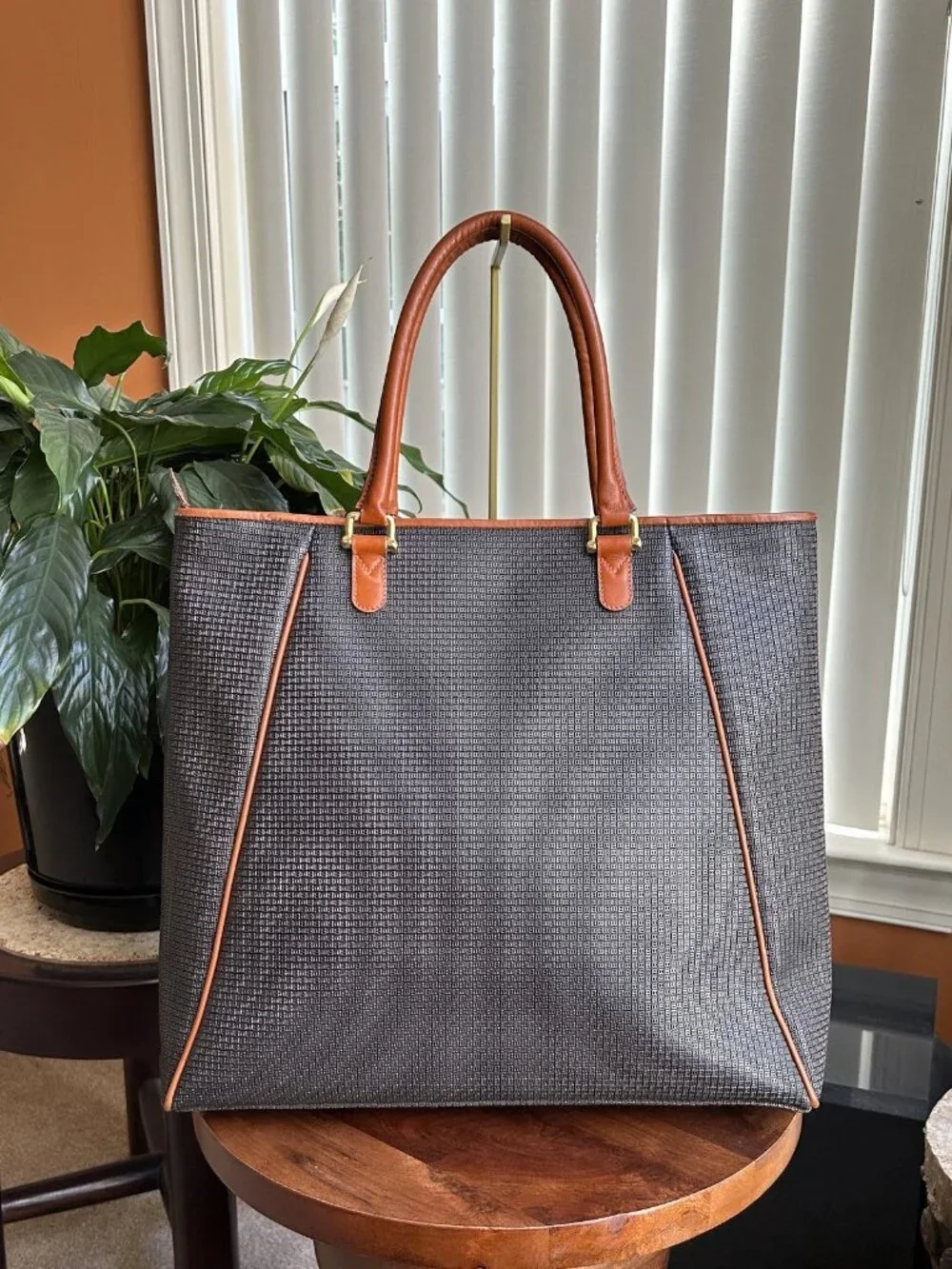 BALLY Embossed B Canvas and Leather Tote, Navy, British Tan